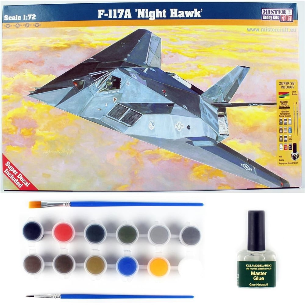 Mistercraft E005ST 1/72 F-117A (Night Hawk) Savaş Uçağı Plastik Model Kiti, (12xBoya,2xFırça,Yapıştırıcılı Başlangıç Seti)