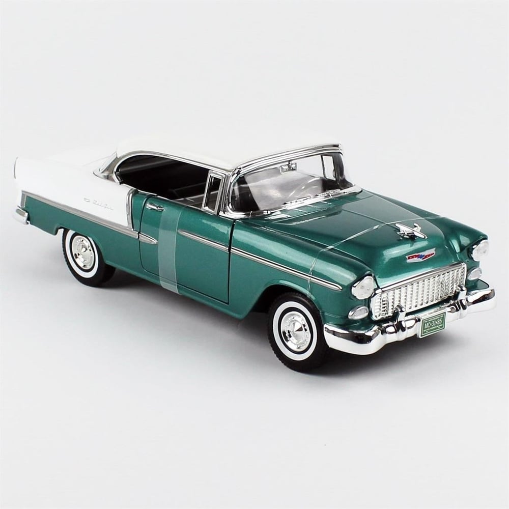 Motormax 73185 1/18 Ölçek, 1955 Chevrolet Bel Air Hardtop, Koyu Yeşil/Beyaz, Sergilemeye Hazır Metal Araba Modeli
