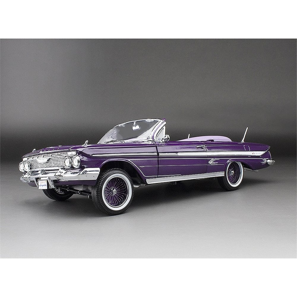 Sunstar 2111 1/18 Ölçek, 1961 Chevrolet Impala Open Convertible Lowrider, Mor, Hareketli Süspansiyonlu, Sergilemeye Hazır Metal