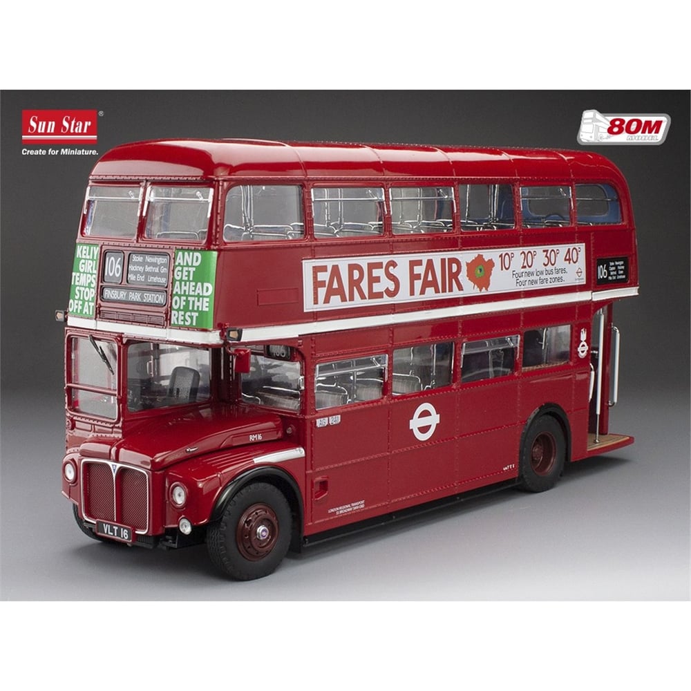 Sunstar 2944 1/24 Ölçek, Routemaster RM16, VLT 16, Kırmızı, Sergilemeye Hazır Metal Otobüs Modeli