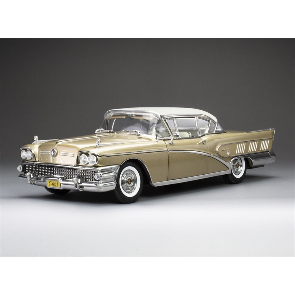 Sunstar 4807 1/18 Ölçek, 1958 Buick Limited Riviera Coupe-Glacier, Beyaz/Altın, Sergilemeye Hazır Metal Araba Modeli