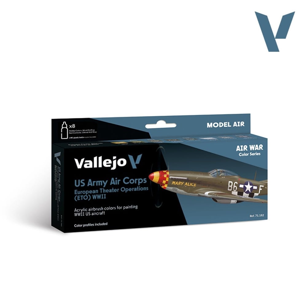 Vallejo 71182 8x18 ml. US Army Air Corps European Theater Operations (ETO) WWII, Model Air Serisi Model Boyası Seti