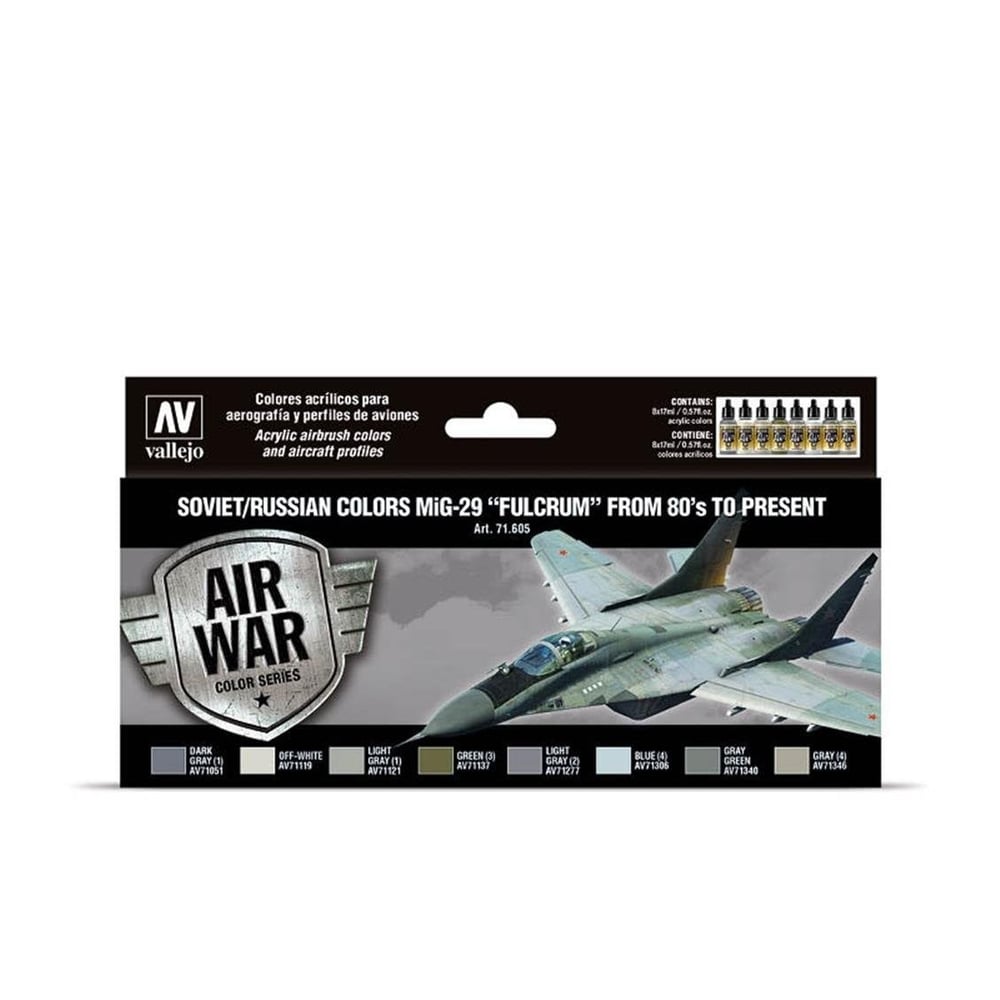 Vallejo 71605 8x18 ml. Soviet/Russian Colors MiG29 Fulcrum from 80's to present, Model Air Serisi Model Boyası Seti