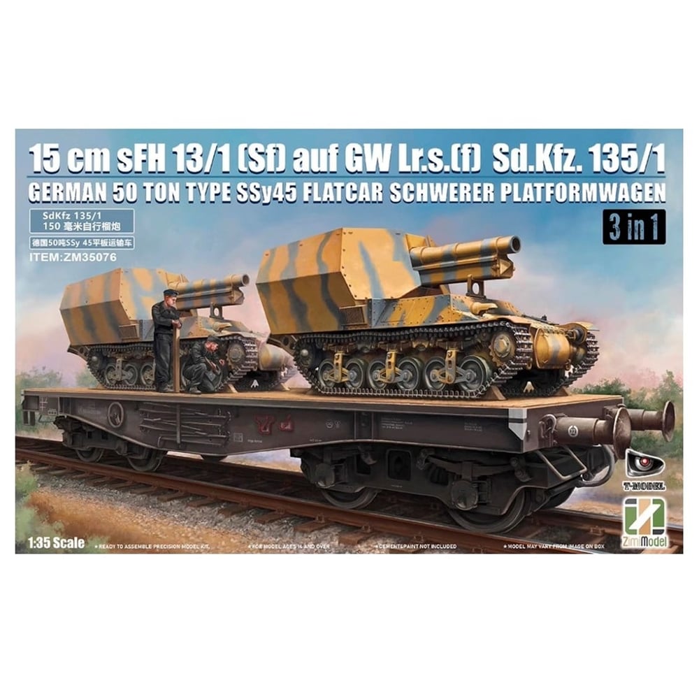 Zimi 35076 1/35 Ölçek, Düz Kasa Yük Wagonu ve 2 Adet 15 cm sFH 13/1 toplu Sd.Kfz.135/1, 3 lü Set, Plastik Model Kiti