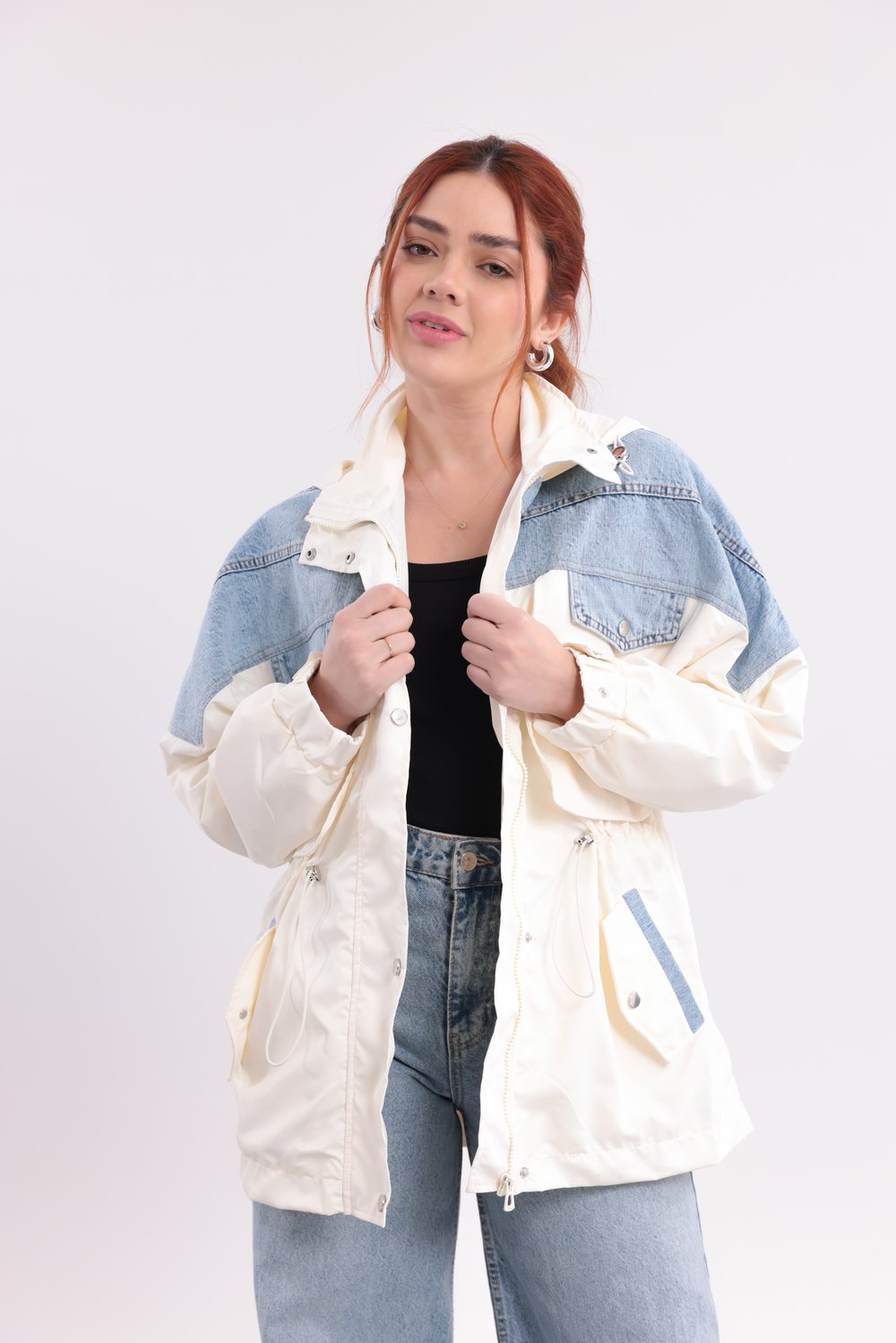 Ekru Denim Geçişli Premium Yağmurluk