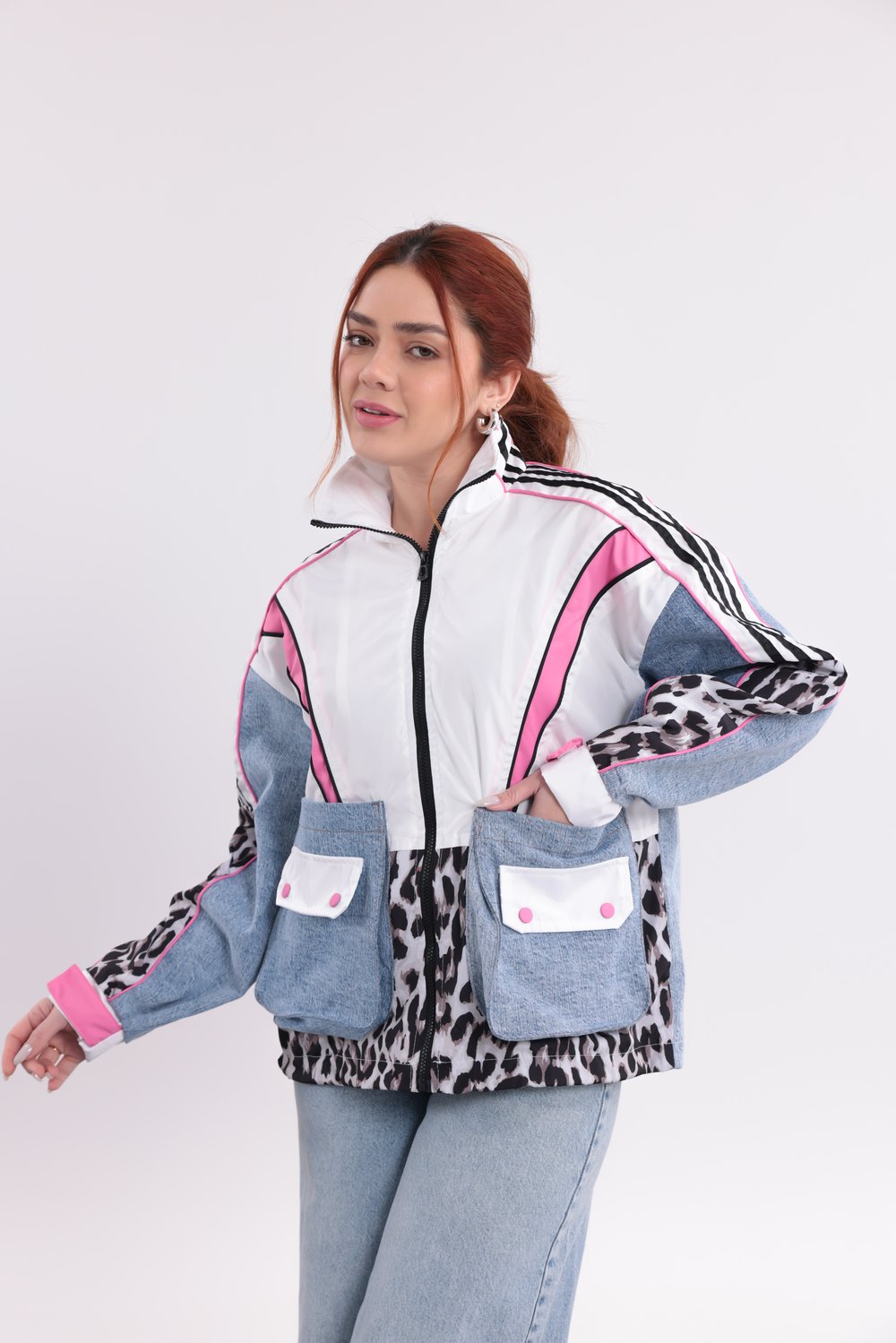 Leopar Garnili Denim Geçişli  Ceket