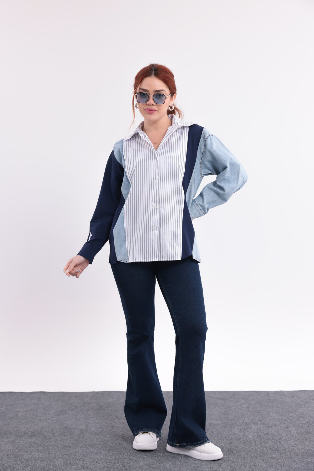 Mavi denim geçişli çizgili gömlek