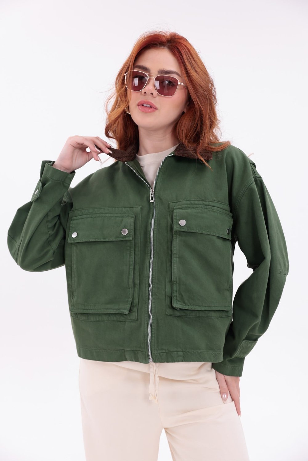 Vintage Cep Detaylı Yeşil Gabardin Ceket
