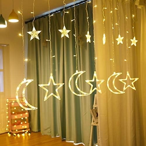 3 Metre Perde LED Işık Zinciri - Yıldız ve Ay Figürlü, Sarı Işık, Uç Uca Eklenebilir
