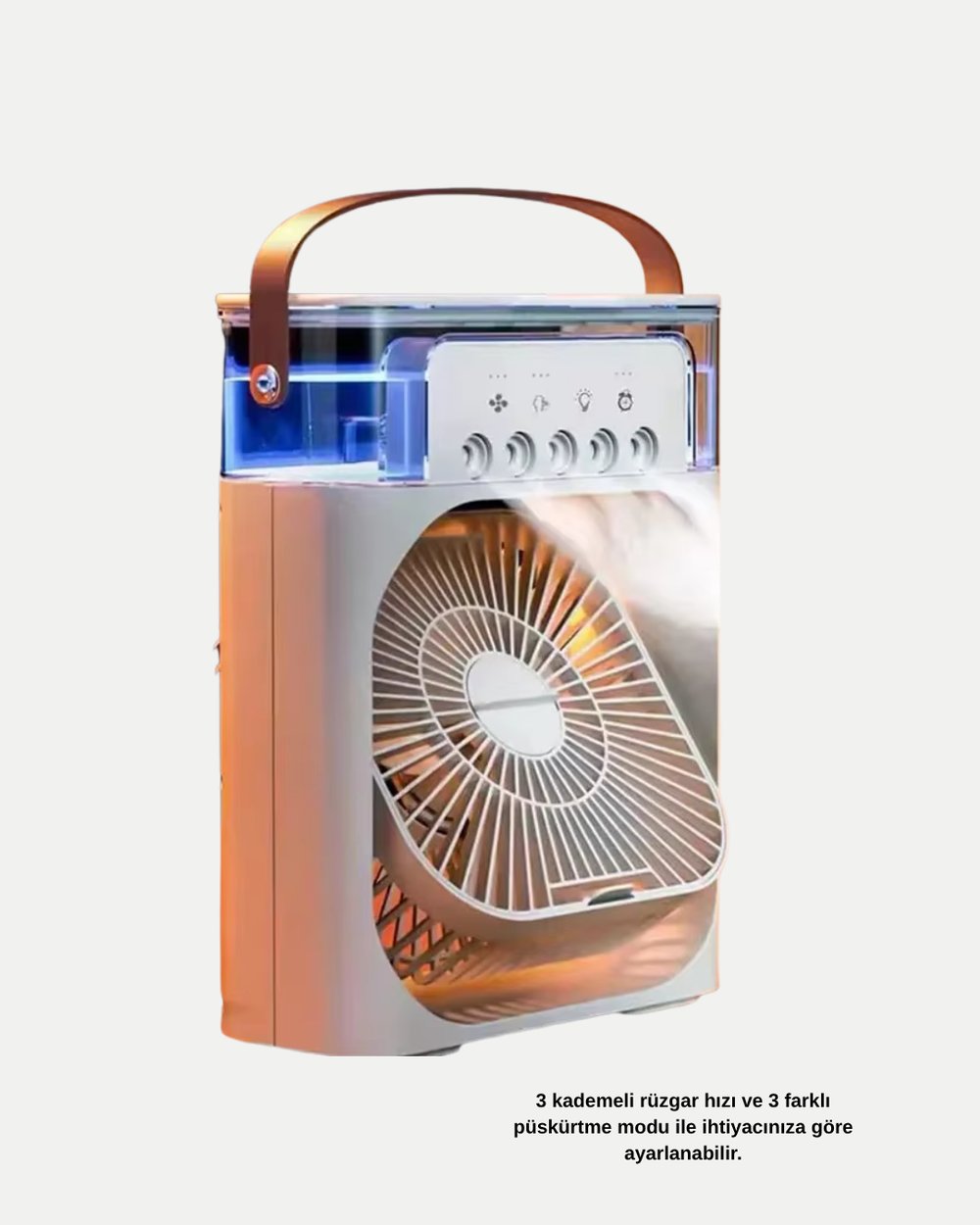 3’ü 1 Arada Mini Klima Fan USB Şarjlı, 7 Renk Gece Lambalı ve Nemlendirici