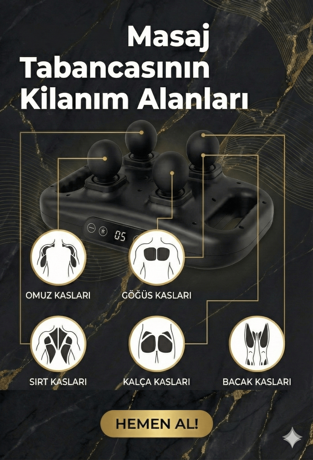4 Başlıklı Masaj Tabancası - Ergonomik Derin Doku Sırt ve Boyun Masaj Aleti Ağrı ve Sızı Giderici