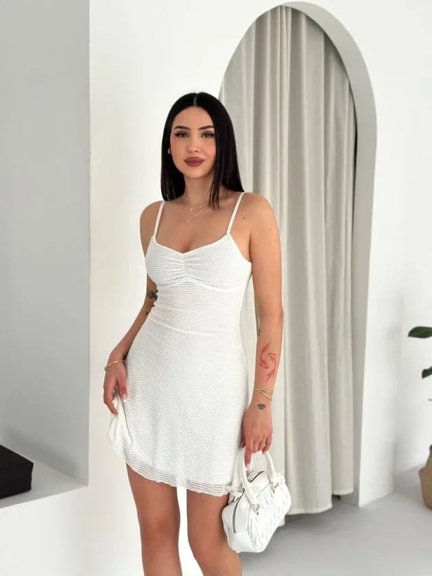 Askılı Mini Elbise Drapeli Göğüs Detay Likralı Yazlık Fit - Beyaz