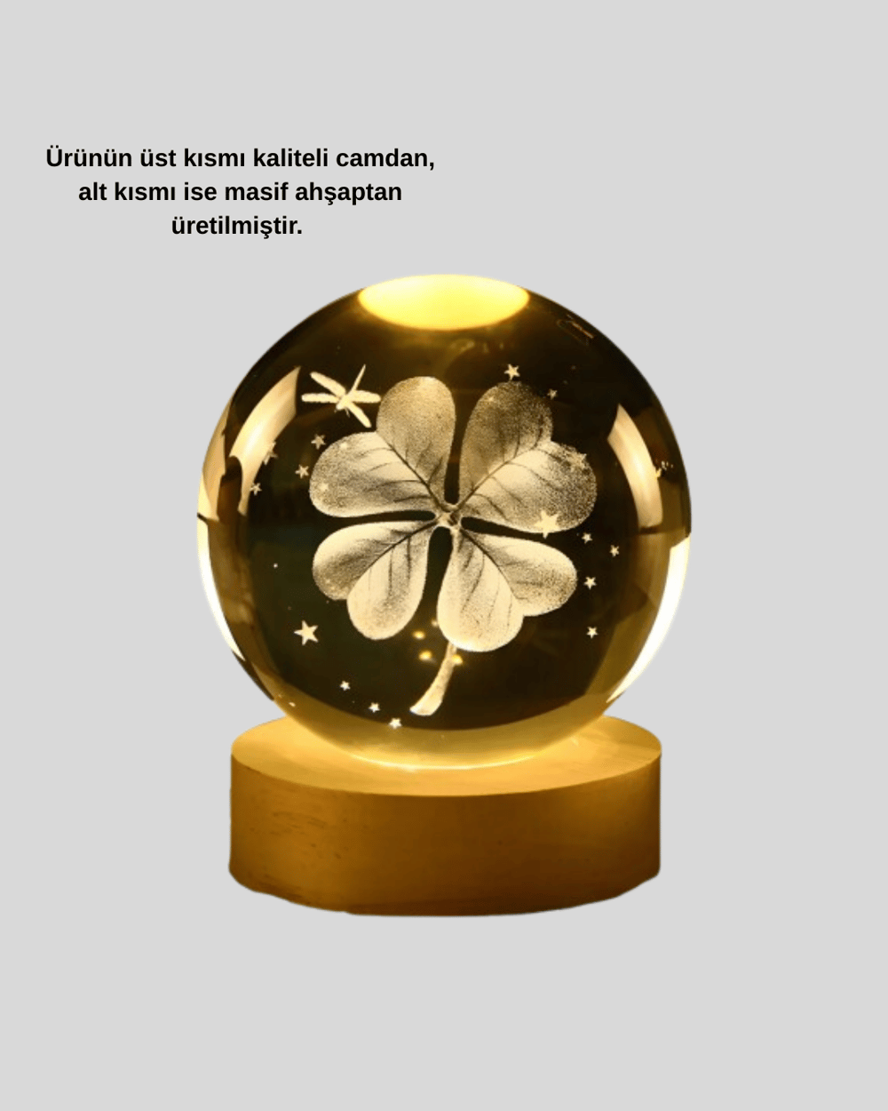 Bitki Temalı LED Işıklı Cam Küre Ahşap Standlı Modern Gece Lambası