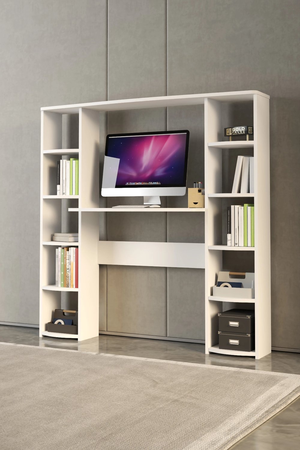 Çalışma Masası 10 Raflı Kitaplık Raf Beyaz