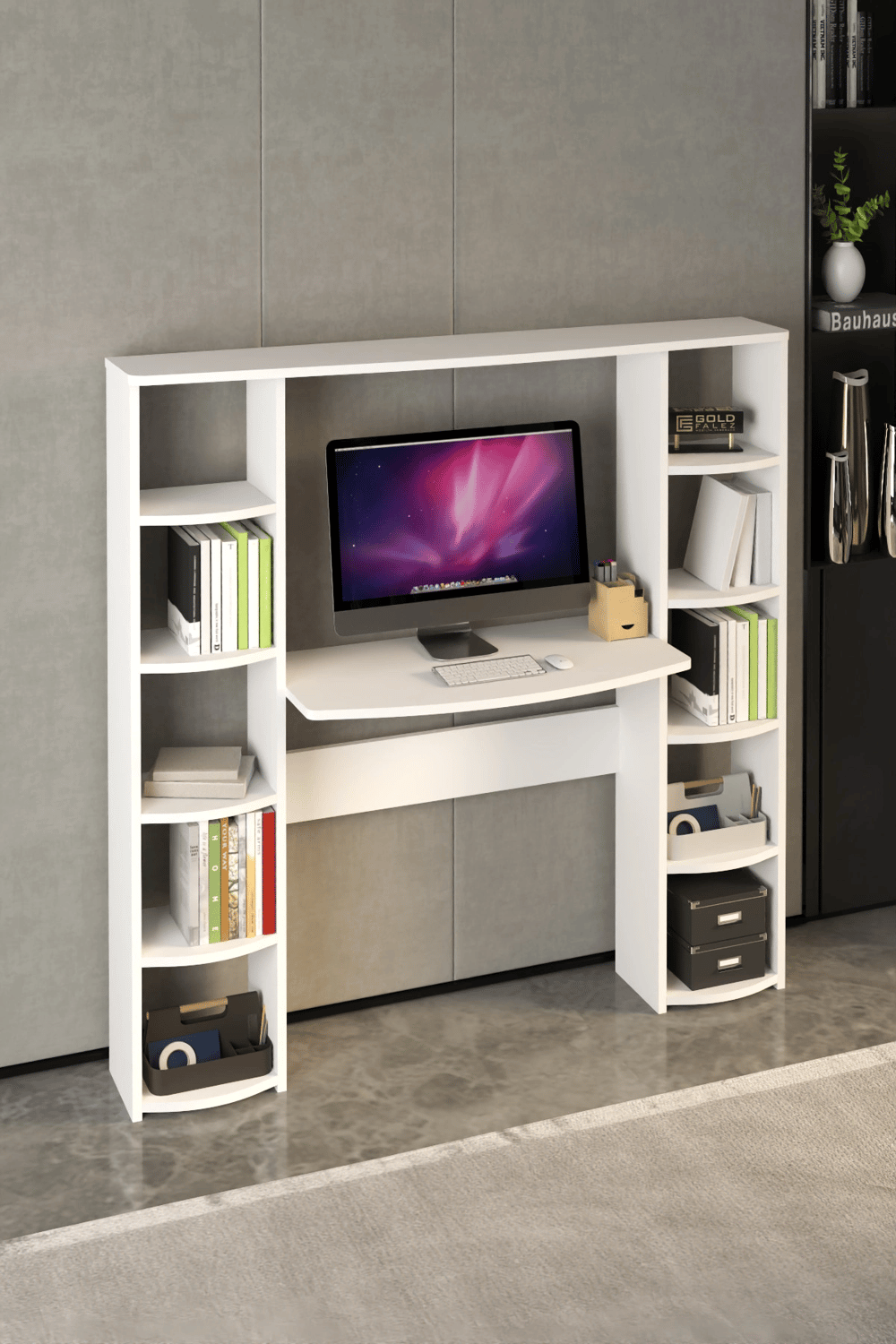 Çalışma Masası 10 Raflı Kitaplık Raf Beyaz