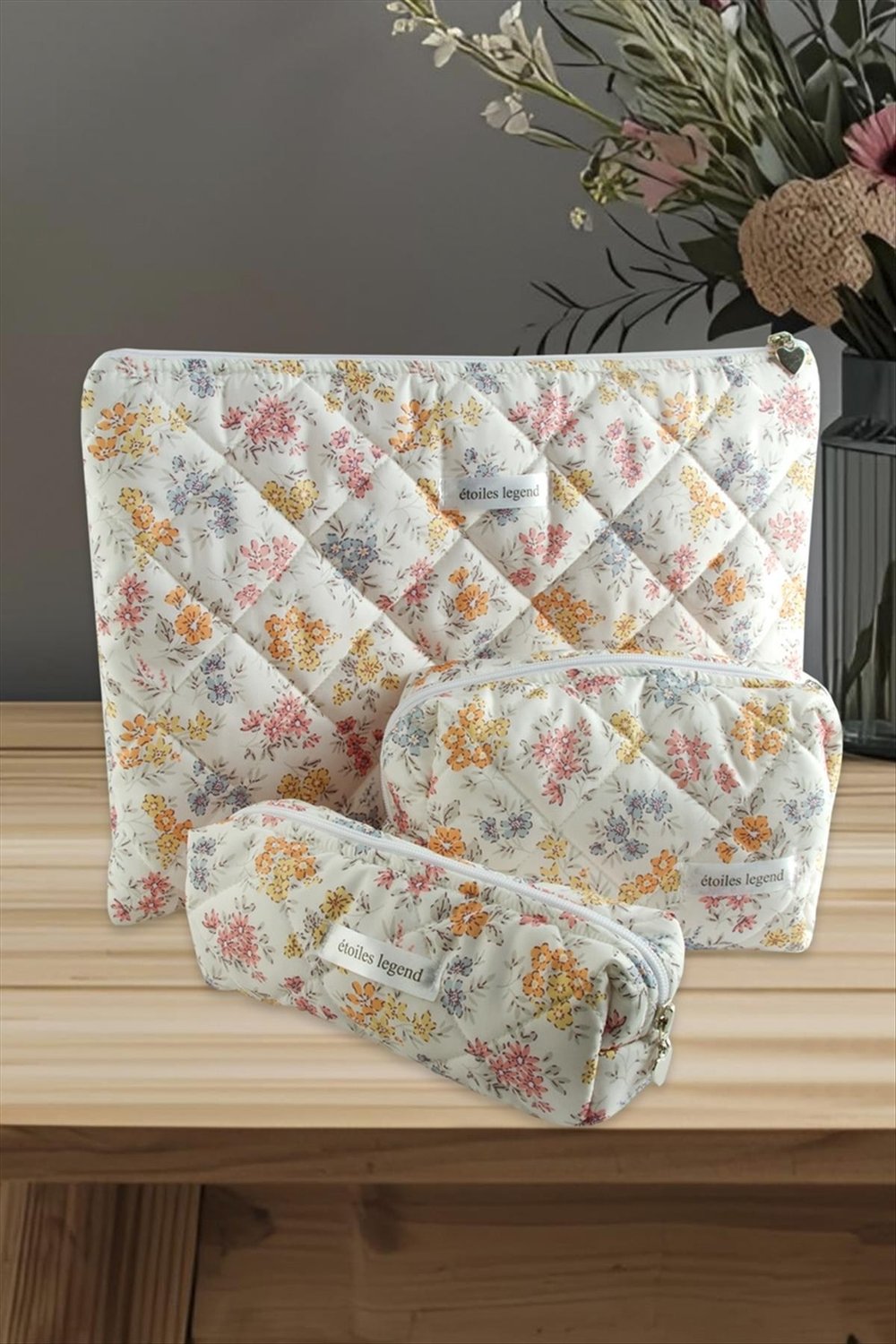Çiçek Desenli Kalem Makyaj Labtop Bilgisayar Set Çantası