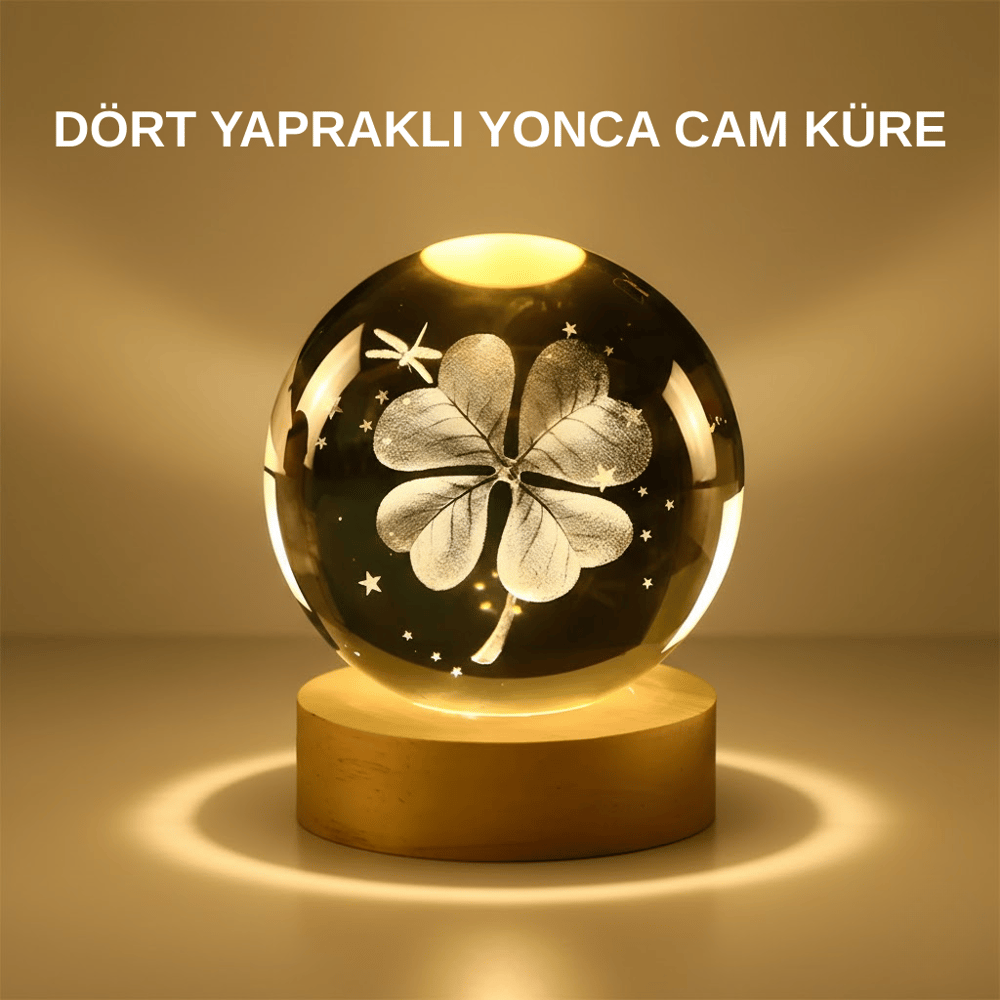 Dekoratif Yonca Görünümlü Işıklı Kristal Cam Küre USB Masa Gece Lambası