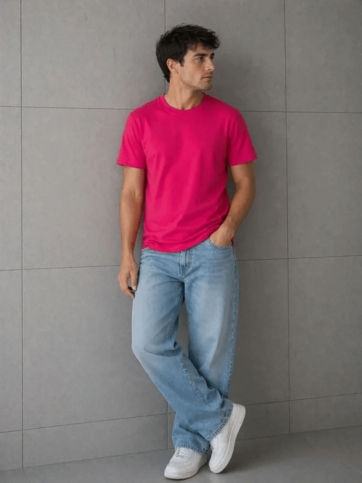 Erkek Basic Pamuklu Tişört Bisiklet Yaka Düz Renk Regular Fit T-Shirt - Fuşya