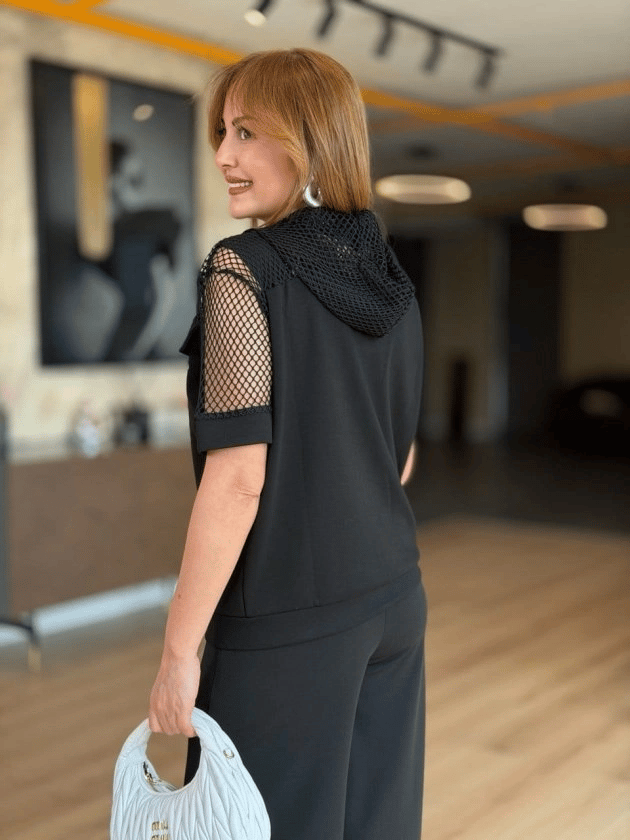 Kadın Fileli Kapüşonlu Modal Ceket