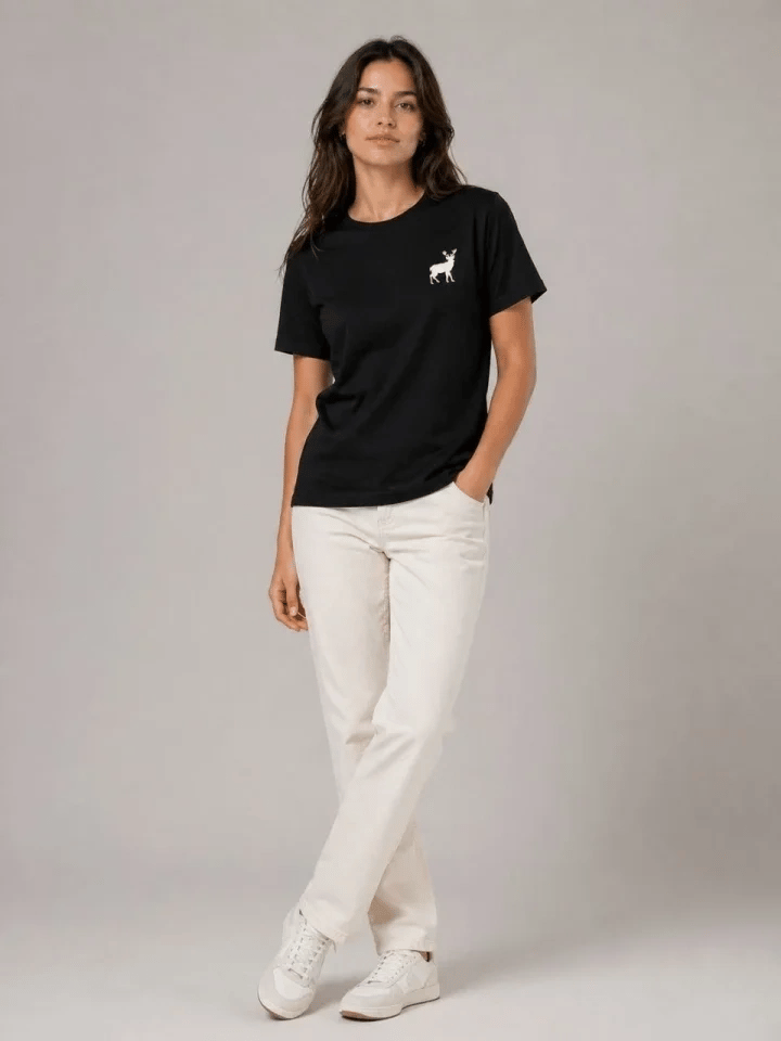 Minimal Geyik Logolu Tişört Bisiklet Yaka Kısa Kol Yazlık T-Shirt - Siyah