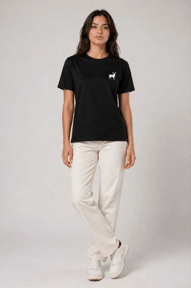 Minimal Geyik Logolu Tişört Bisiklet Yaka Kısa Kol Yazlık T-Shirt - Siyah