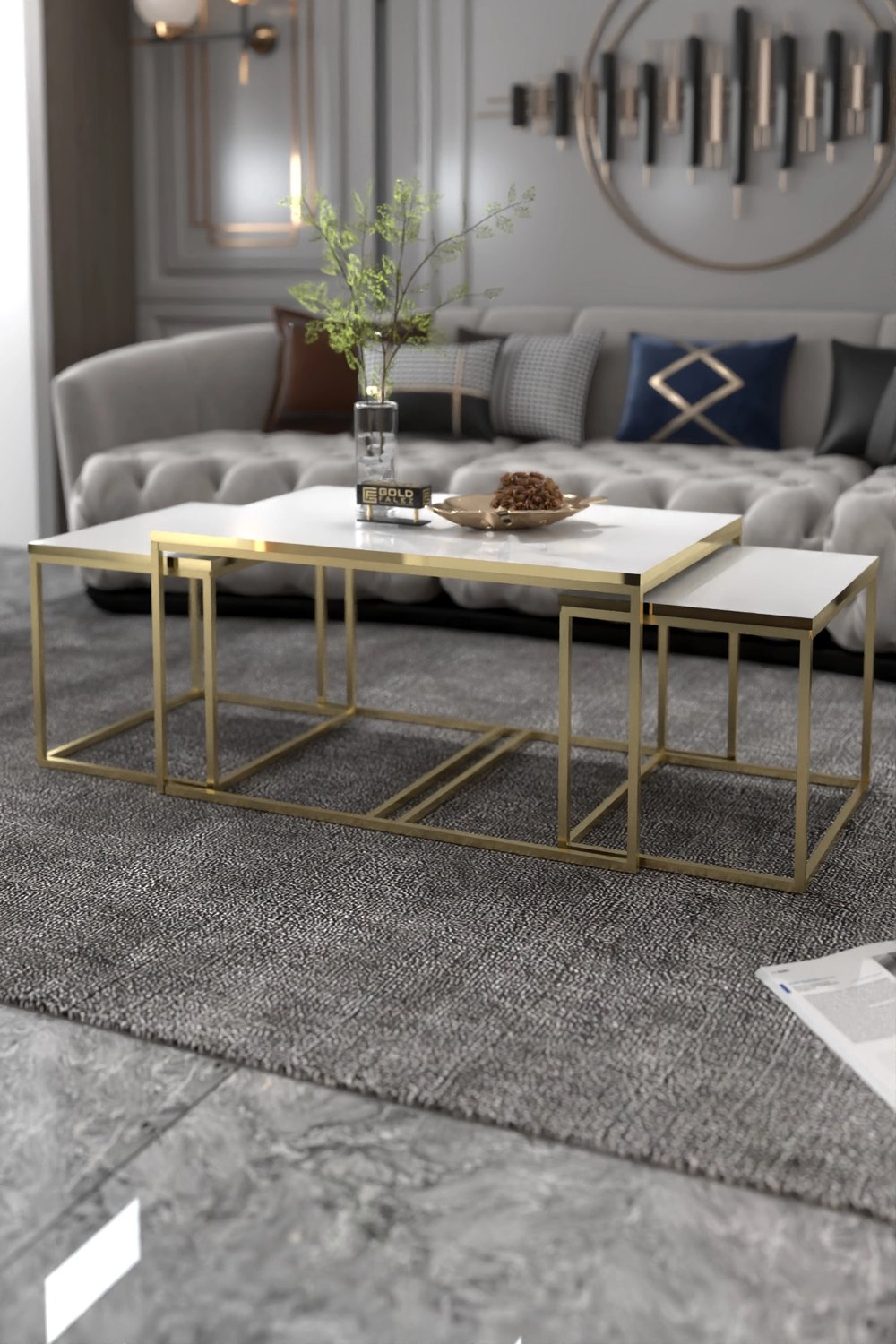 Orta Sehpa Ve Zigon Yan Sehpa Flora Set Gold Beyaz