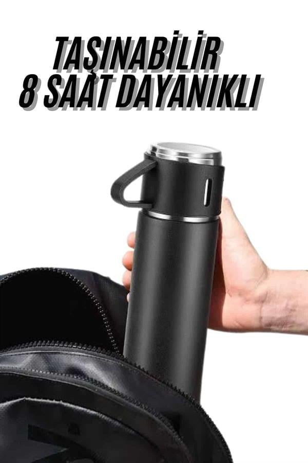 Termos Seti 3lü Bardak Seti Isı Dayanıklı Siyah Paslanmaz Çelik Vakumlu