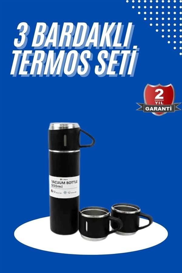 Termos Seti 3lü Bardak Seti Isı Dayanıklı Siyah Paslanmaz Çelik Vakumlu