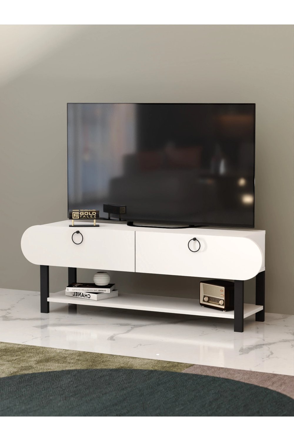 Tv Sehpası Tv Ünitesi Kapaklı Raflı Setro Beyaz