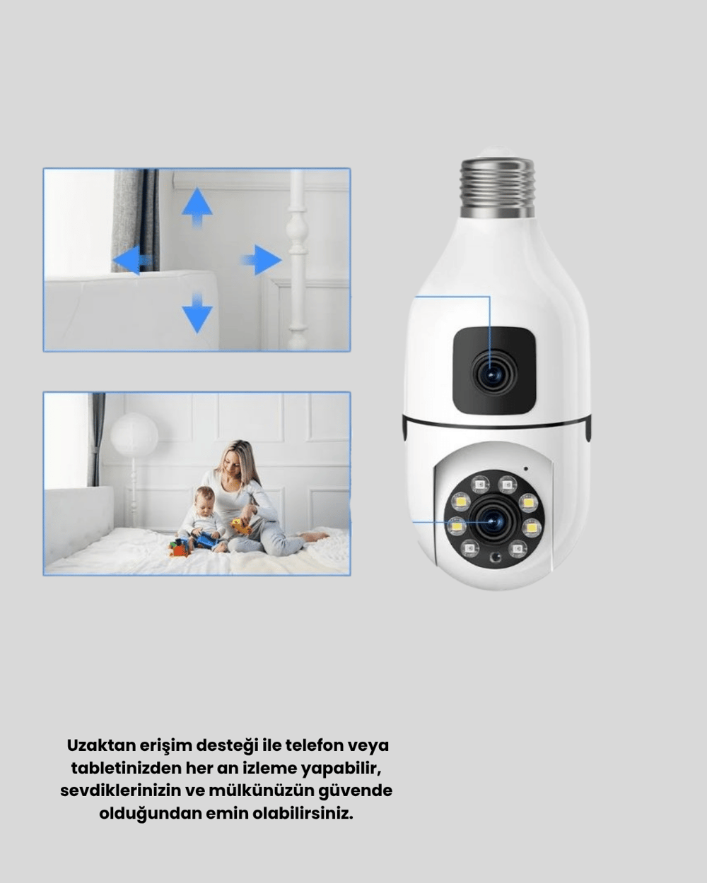 WiFi Ampul Güvenlik Kamerası 1080P Full HD Gece Görüşlü ve Hareket Algılamalı