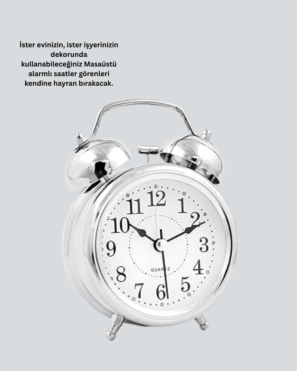 Yuvarlak Gümüş Dekoratif Işıklı Masa Üstü Saat Alarmlı Sessiz Çalışma