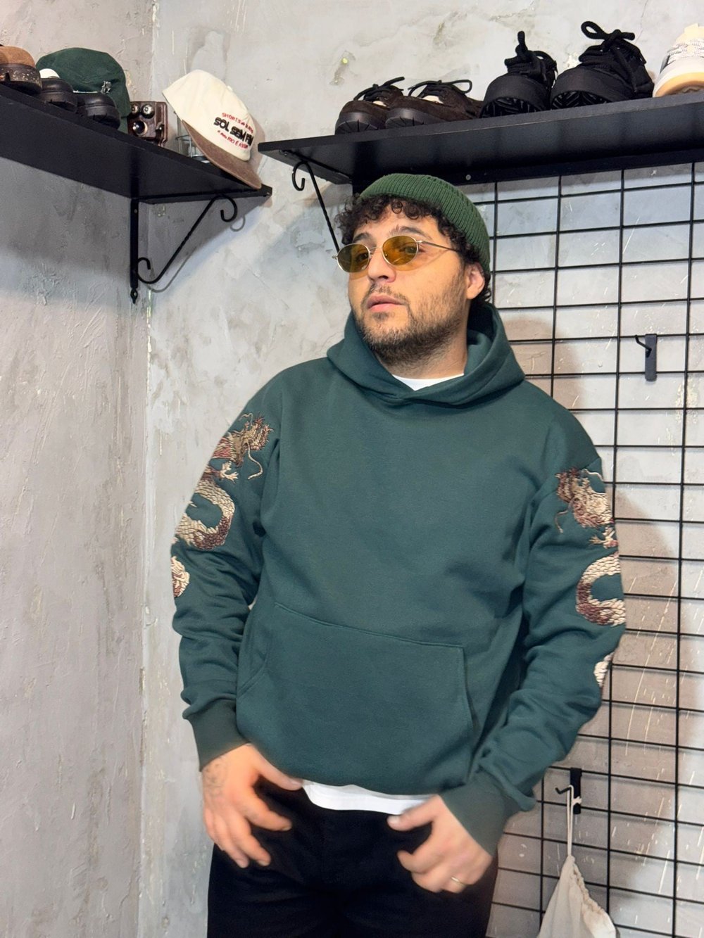 Ejderha Nakışlı Yeşil Hoodie