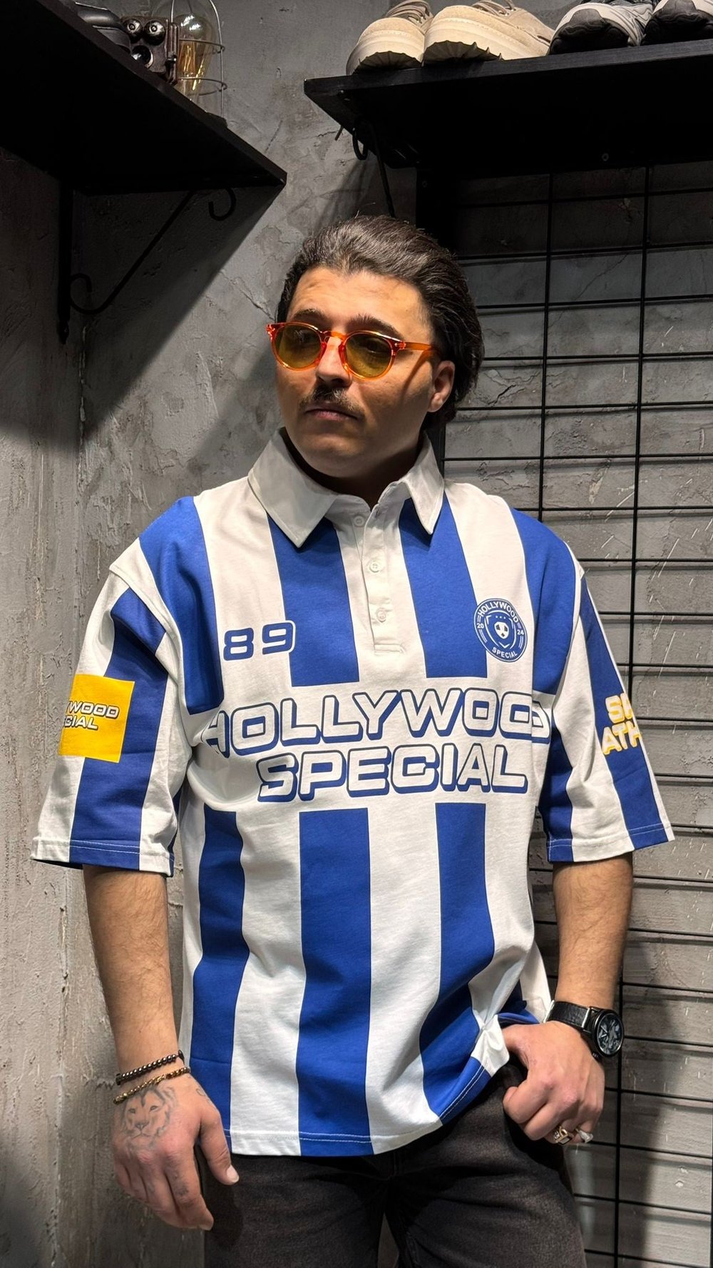 Mavi Beyaz Çizgili Polo Yaka Oversize T-shirt