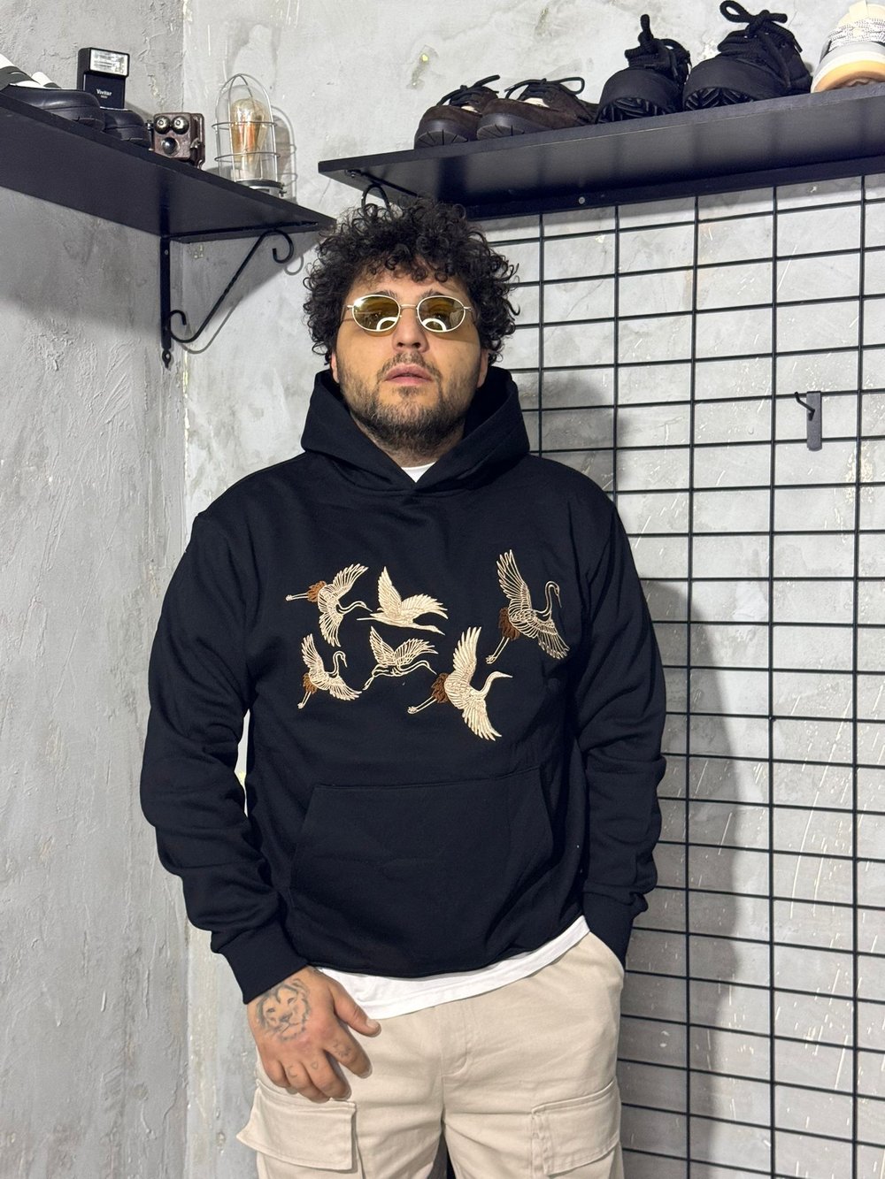 Turna Kuş Nakışlı Mavi Hoodie