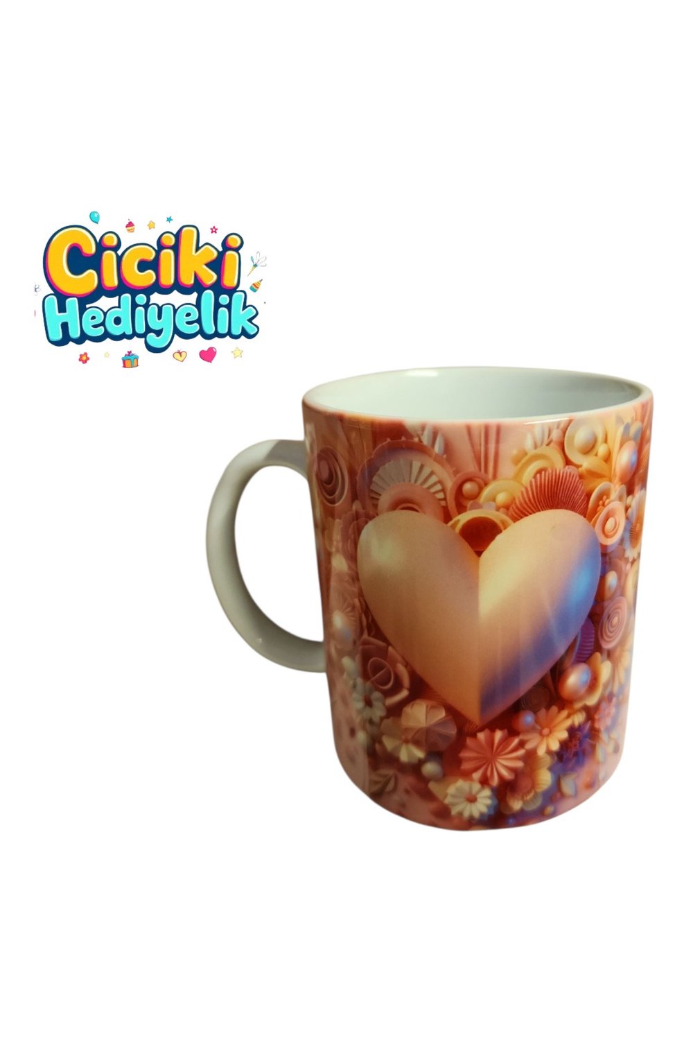 Kalp Baskılı 3D Tasarım Seramik Kupa Mug - Hediyelik Kupa Bardak