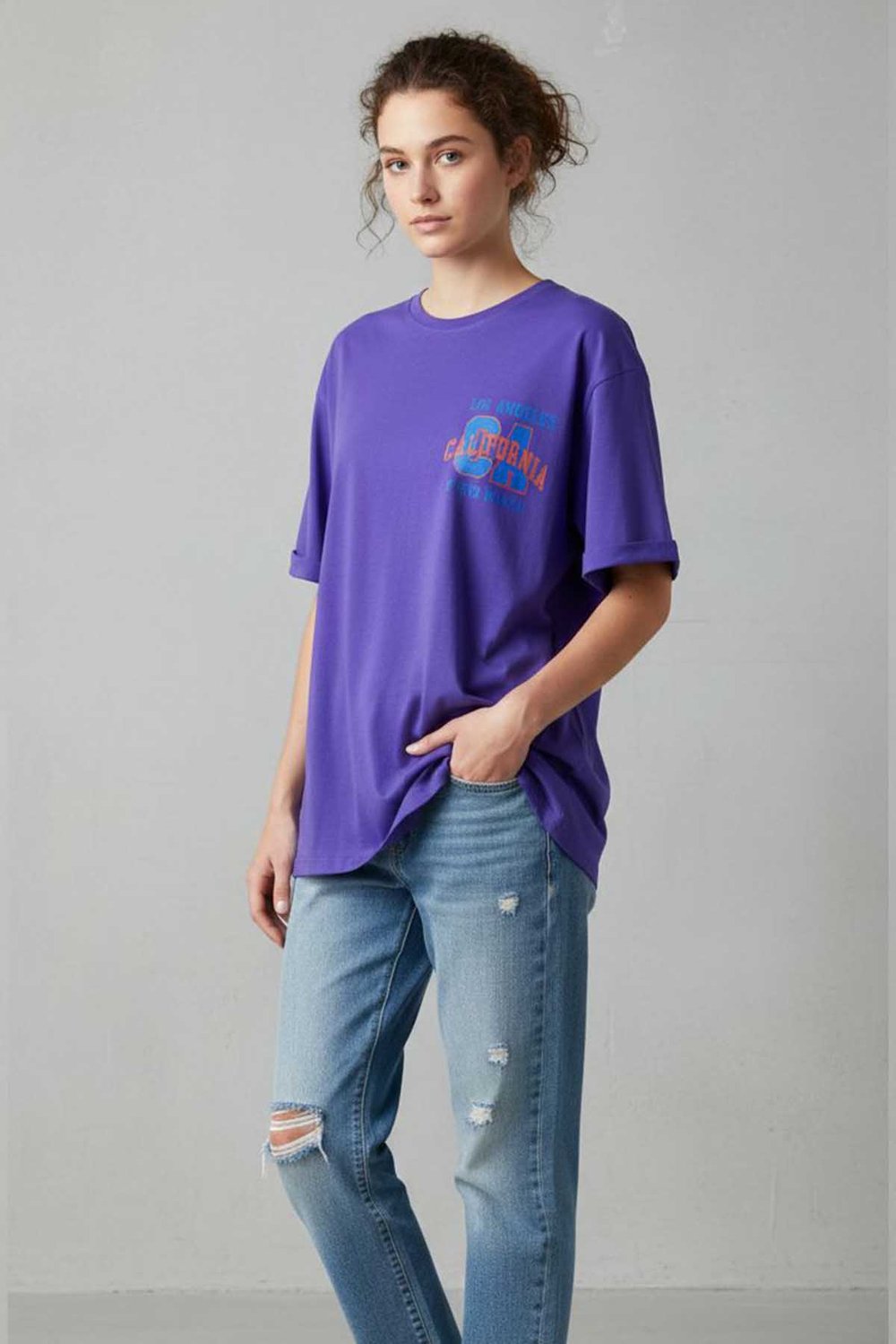 Kadın Basklı Oversize Rahat Kullanıma Uygun T-Shirt-Mor