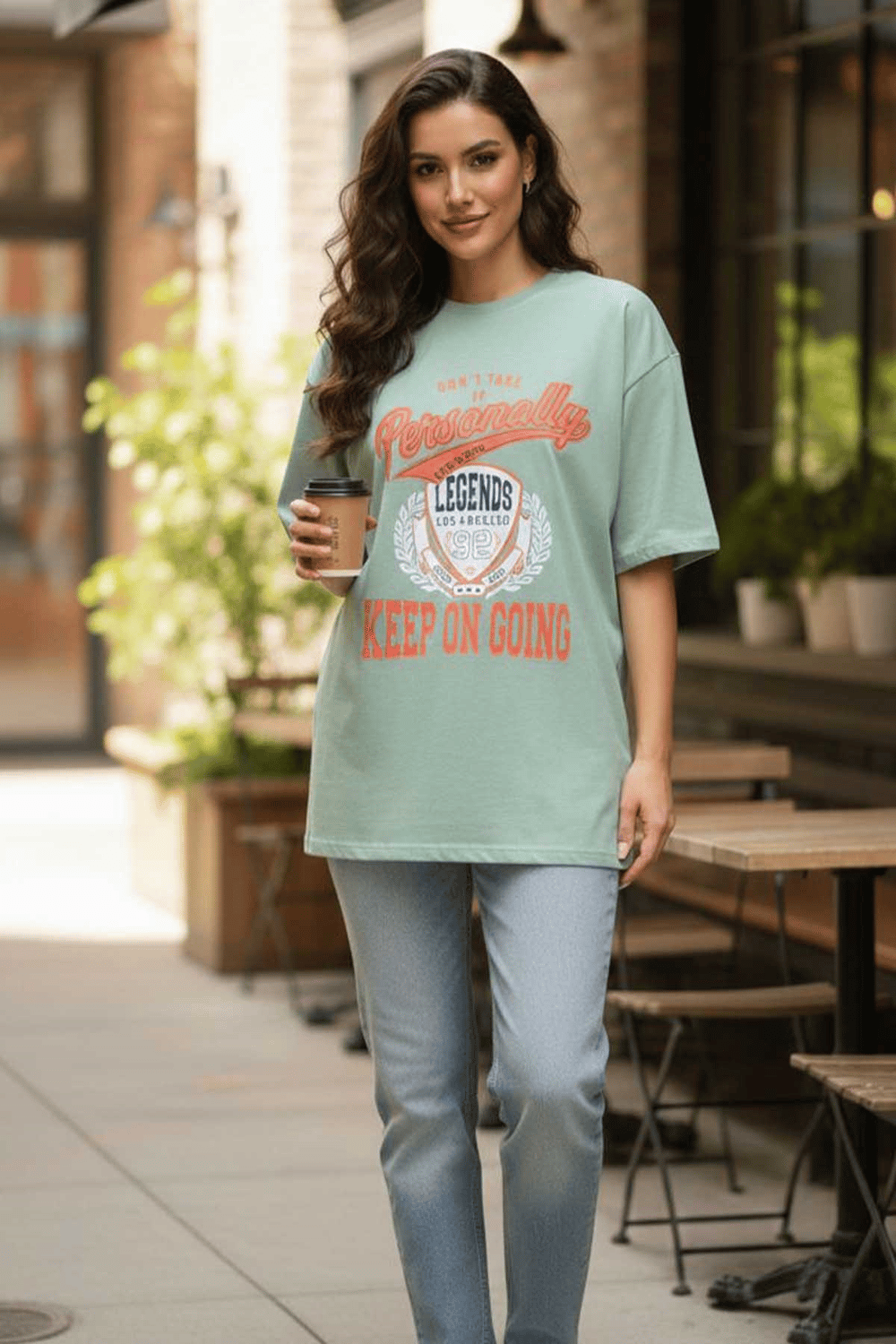 Kadın Basklı Oversize Rahat Kullanıma Uygun T-Shirt-Su Yeşili