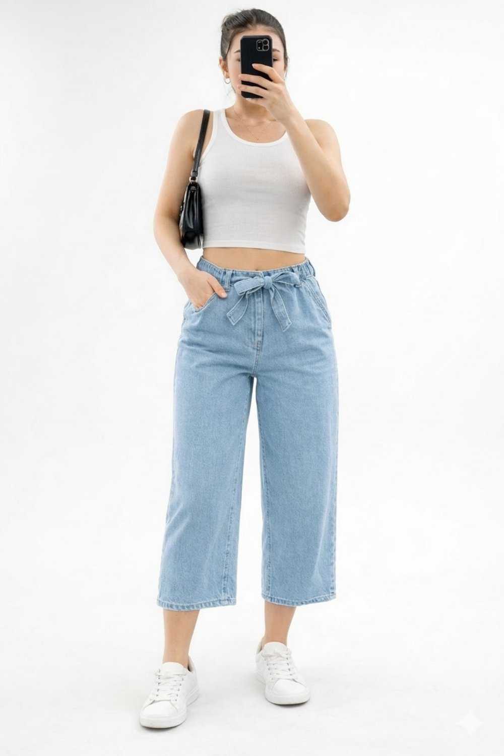 Kadın Beli Lastikli Kurdela Bağlamalı Denim Bermuda Şort- Açık Mavi