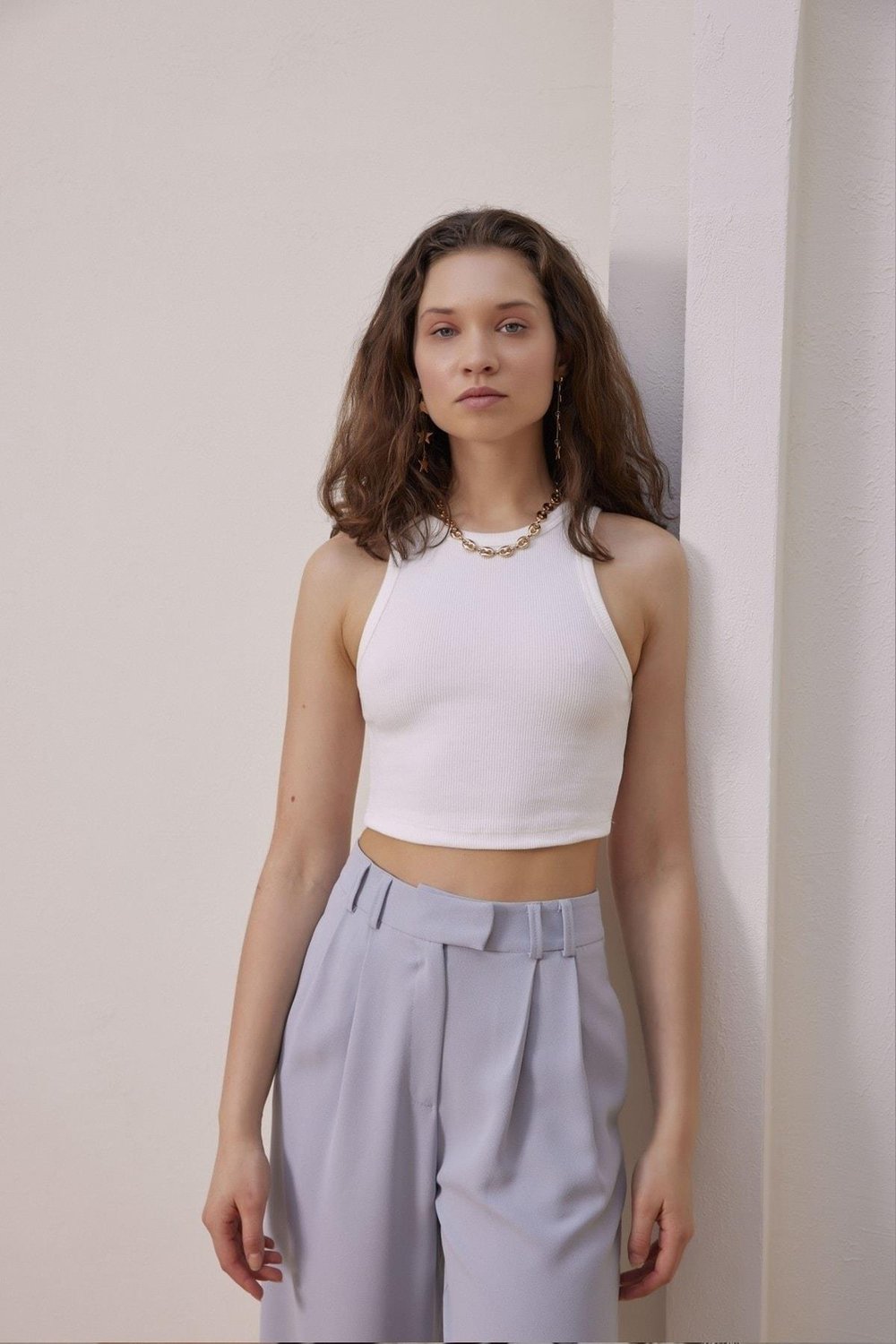 Kadın Beyaz Halter Yaka Fitilli Crop