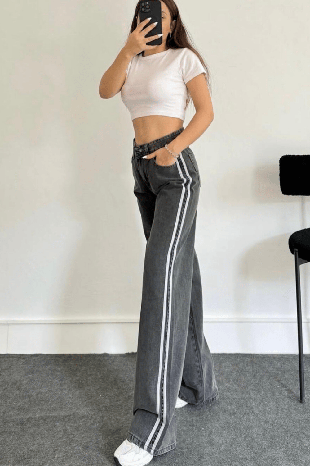 Kadın Çift Şeritli Baggy Jean Pantolon- Füme