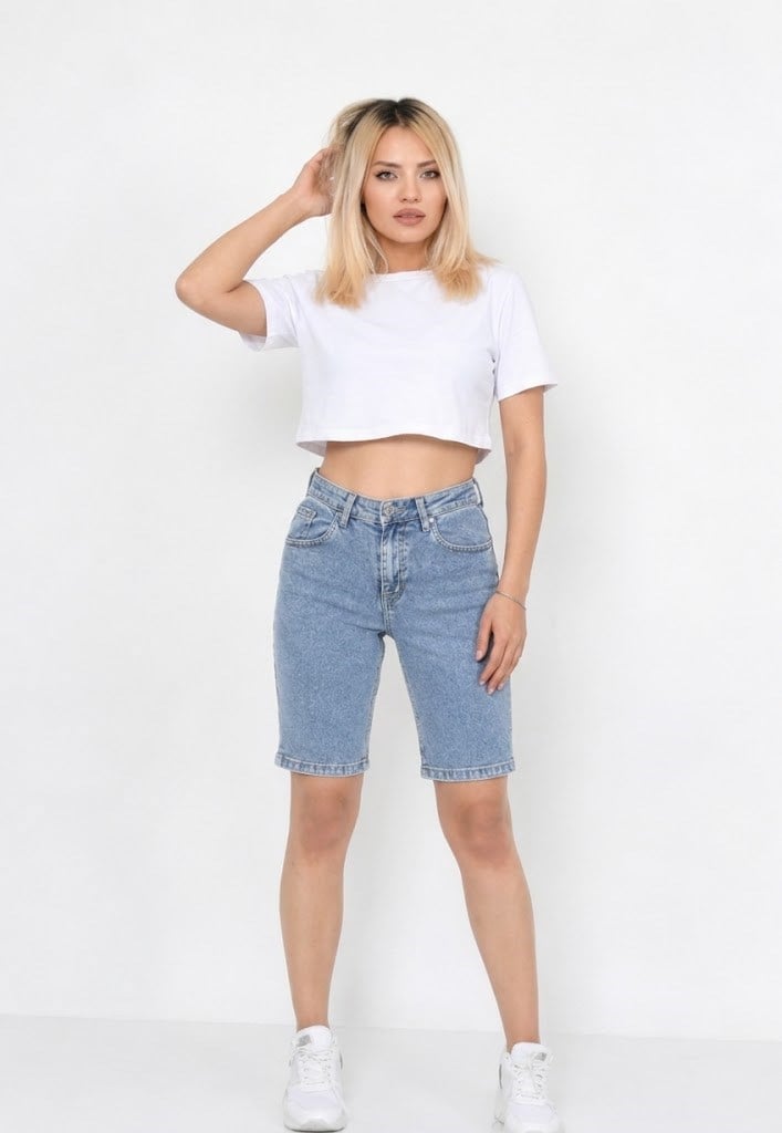 Kadın Denim Likralı Şort- Mavi