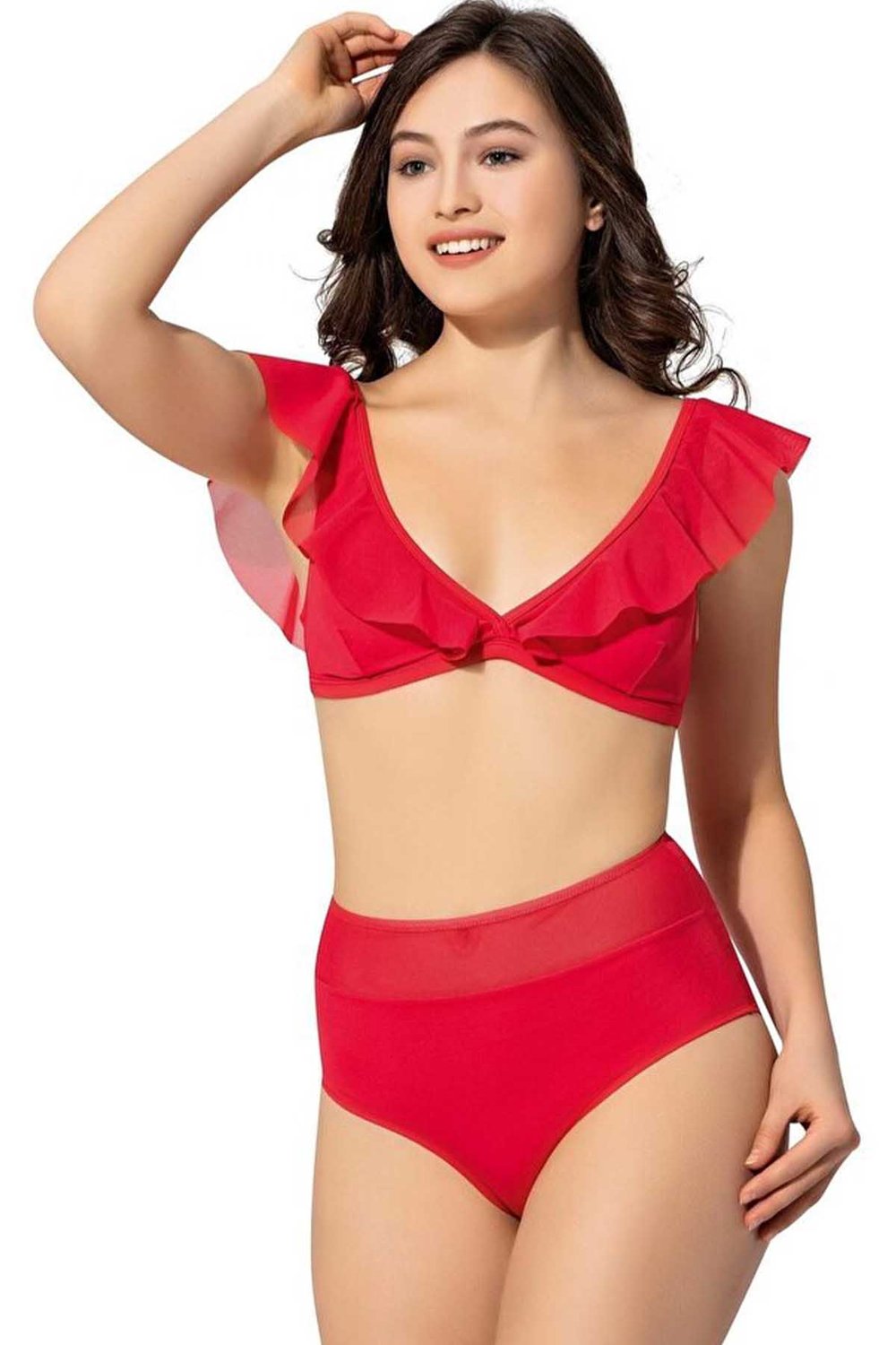 Kadın Düz Fırfırlı Yüksek Bel Bikini Takımı - Kırmızı
