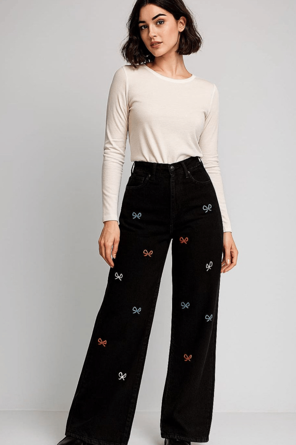 Kadın Fiyonklu Baggy Jean Pantolon- Siyah