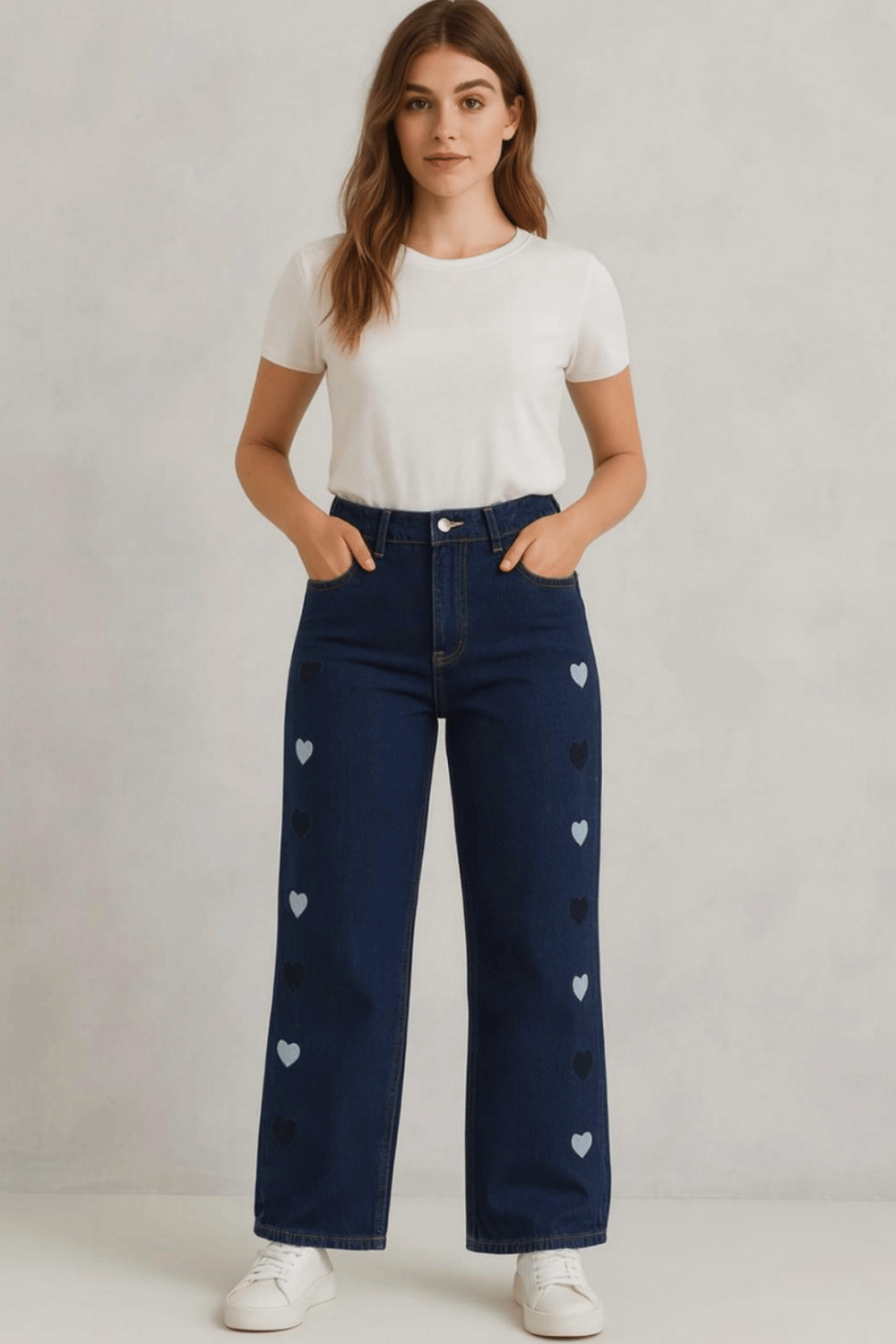 Kadın Kalp Nakışlı Baggy Jean Pantolon- Lacivert