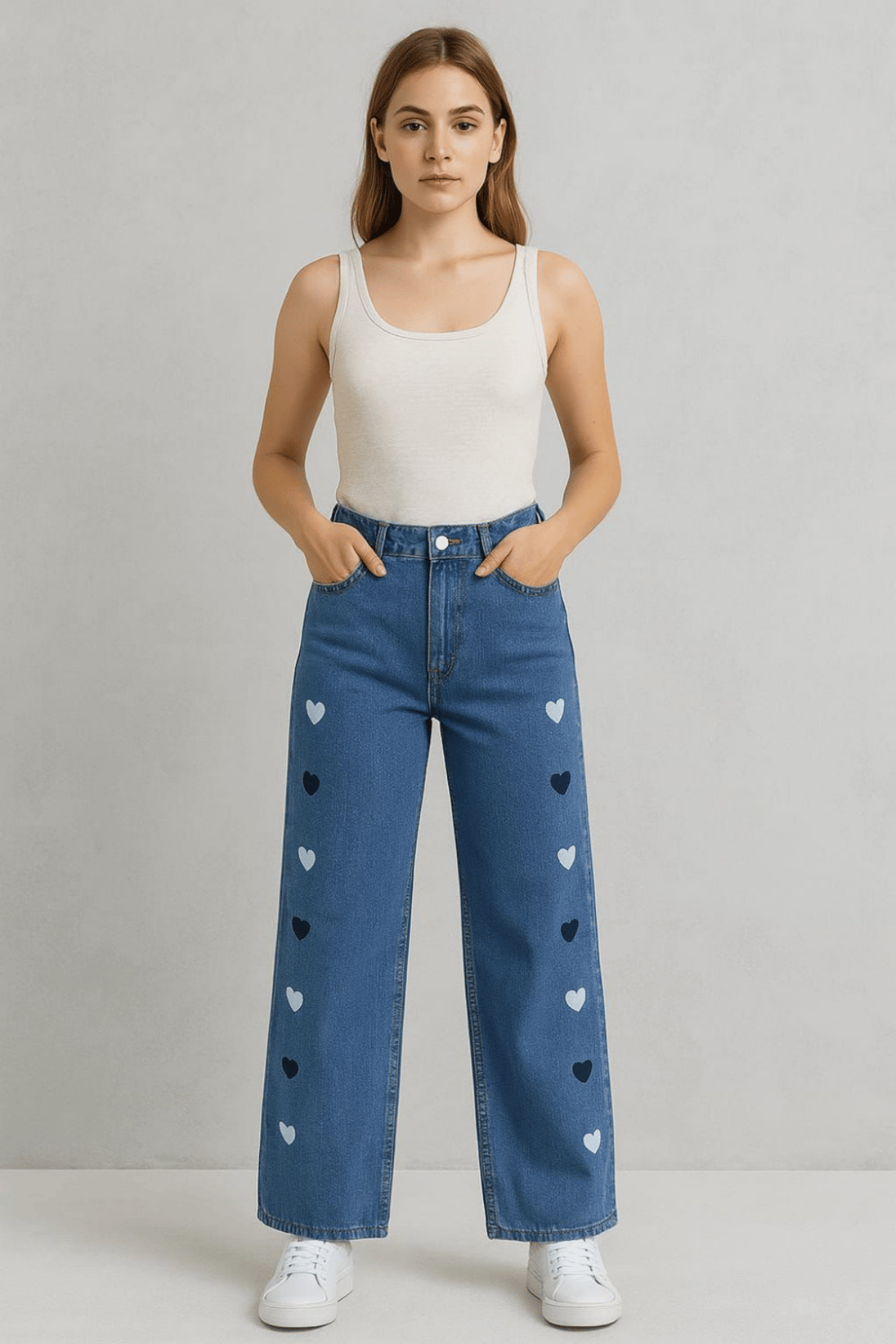 Kadın Kalp Nakışlı Baggy Jean Pantolon- Mavi