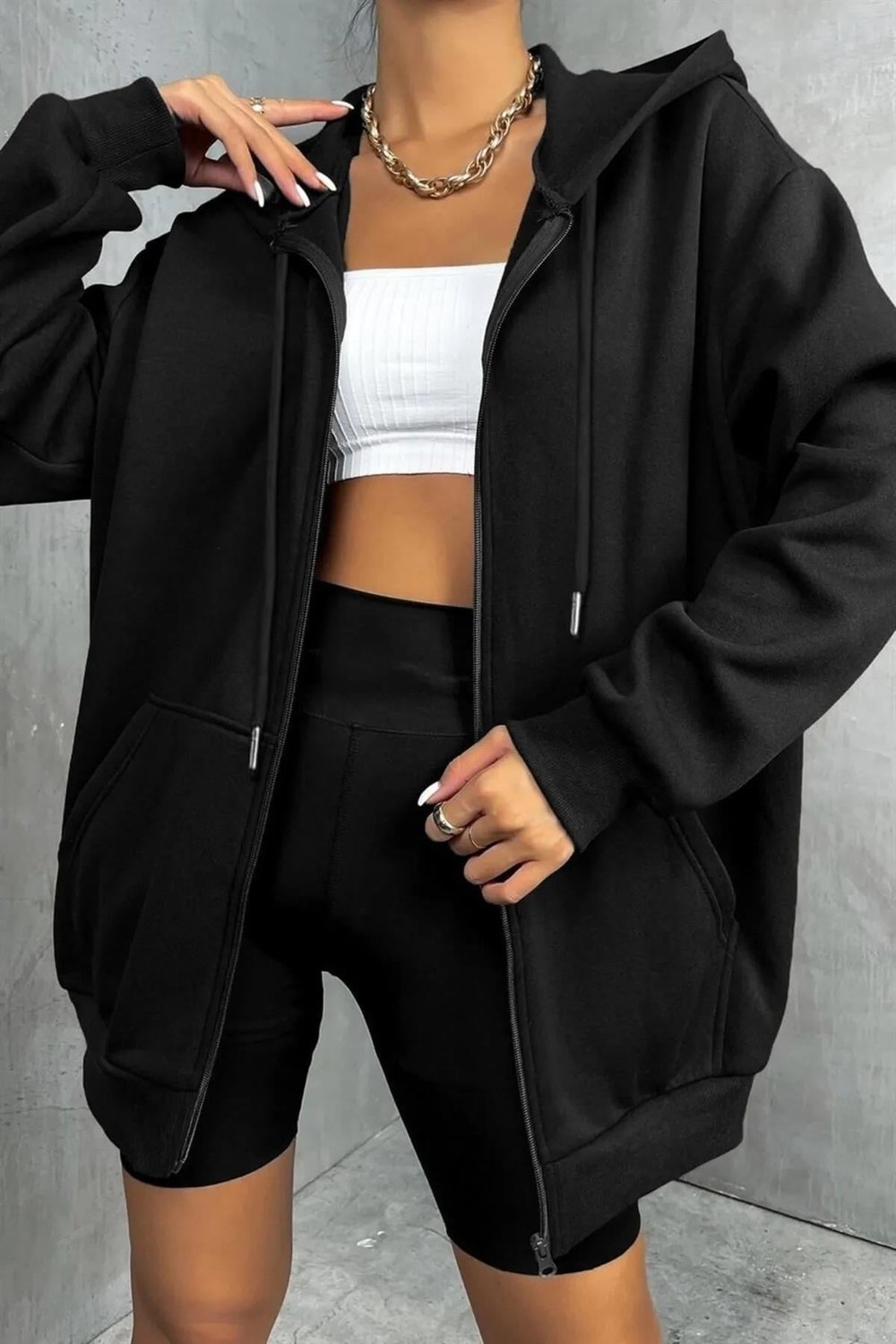 Kadın Kapüşonlu Fermuarlı 3 Üç Iplik Polar Oversize Salaş Sweatshirt