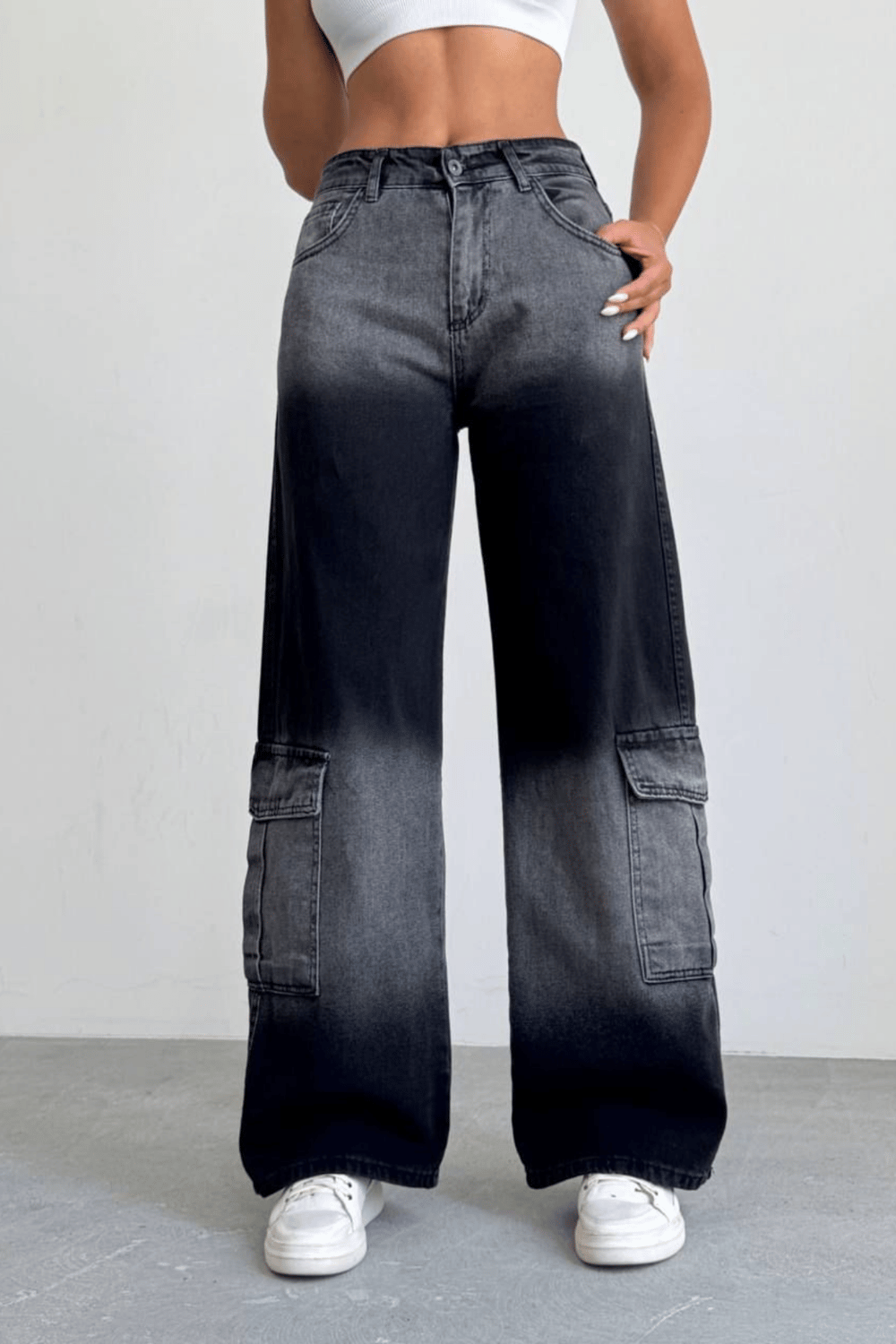 Kadın Kargo Cepli Baggy Jean Pantolon- Siyah Gri