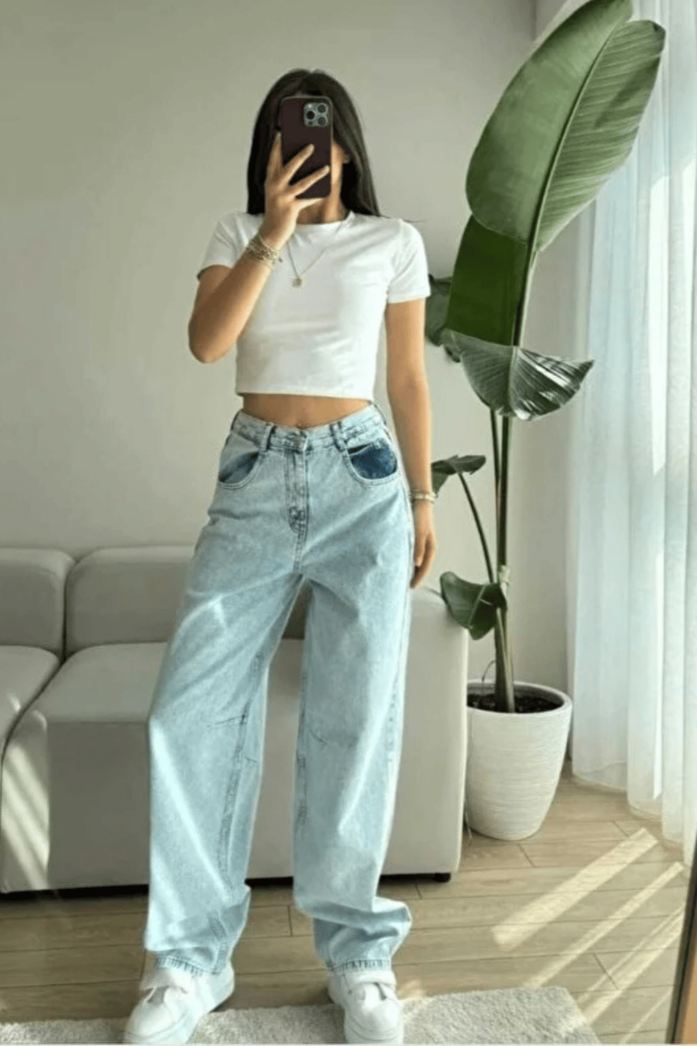 Kadın Kemer Tokalı Baggy Jean Pantolon- Açık Mavi