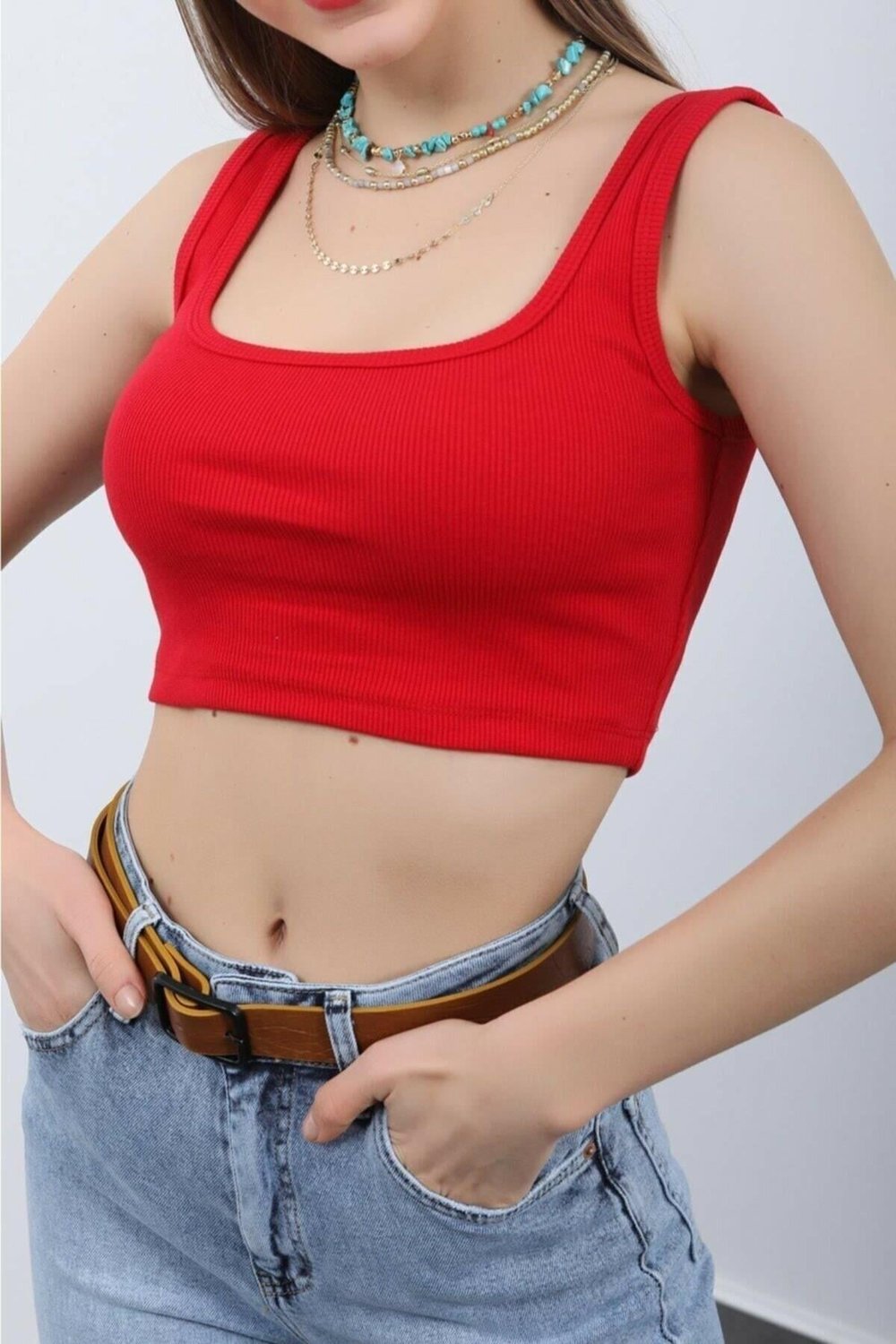 Kadın Kırmızı Ip Askılı Crop Top Büstiyer