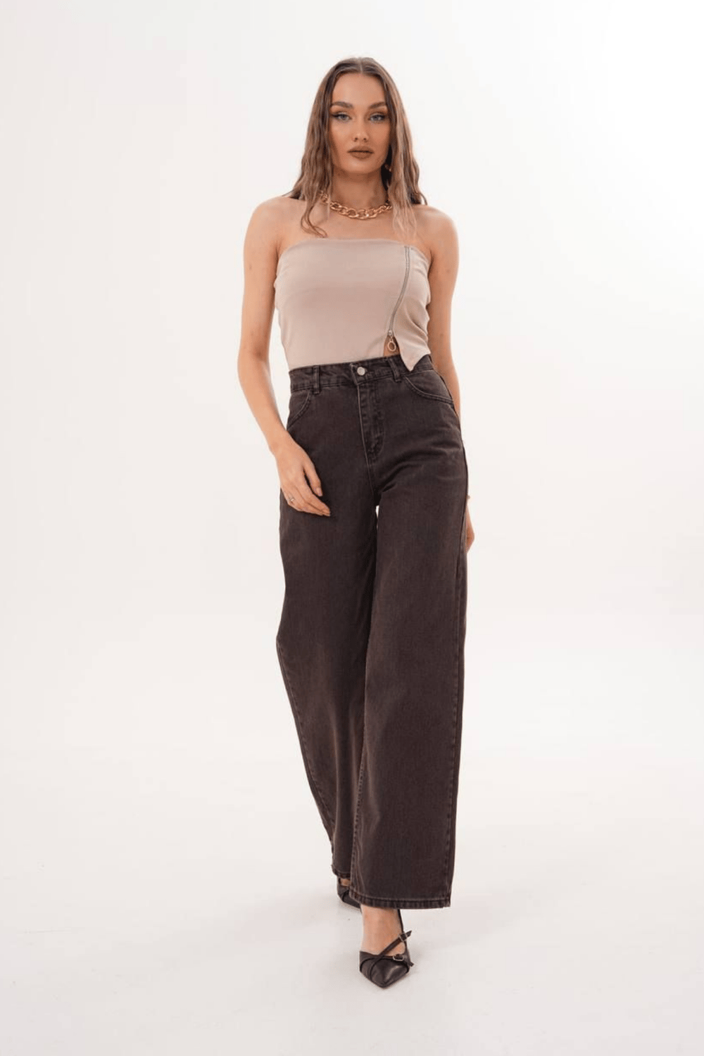 Kadın Retro Jean Pantolon- Kahverengi